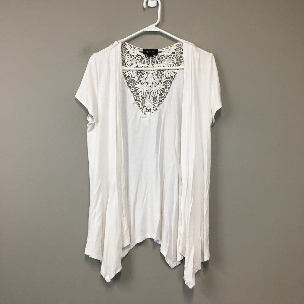 AB Studio White Crochet Lace Panel Open Front Top
